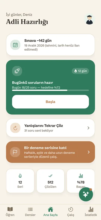 Ana sayfa: sınav geri sayımı, günlük hedef, seri ve yanlışlarım kısayolu